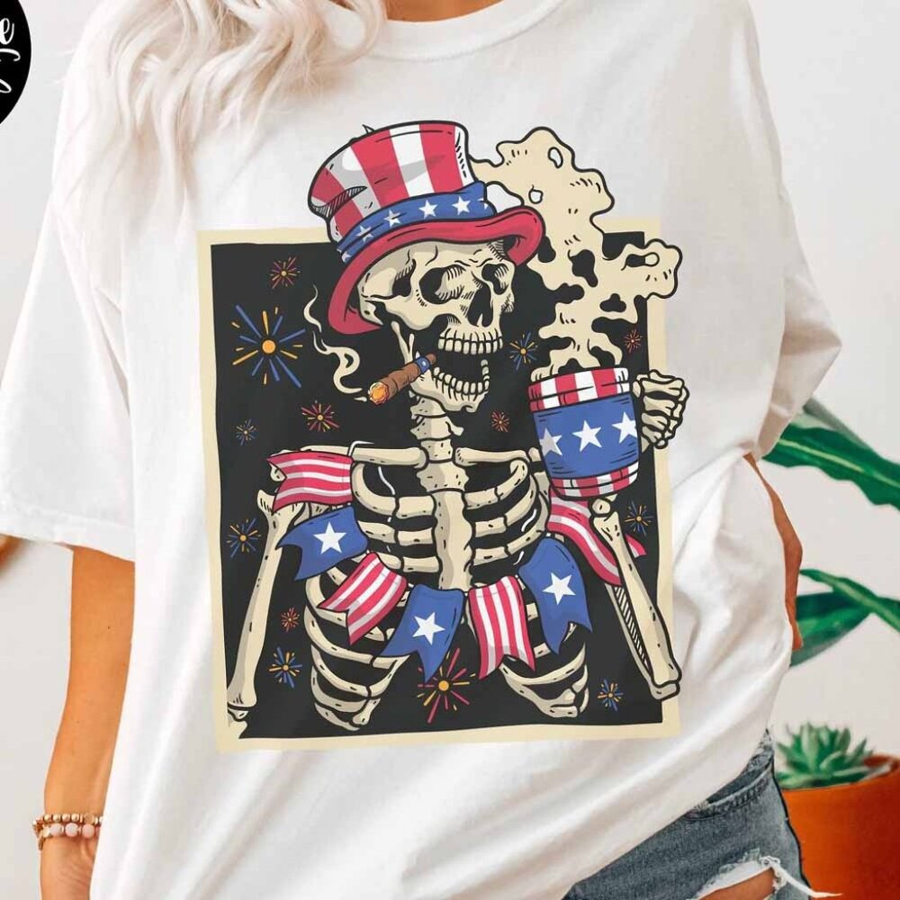 4th of July Shirt Patriotic Skeleton Shirt Funny July Fourth Tee Shirts
